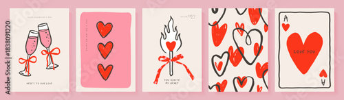 Set of playful Valentine's Day greeting card designs, in bright line art and sketch style, featuring champagne glasses, a match with fire, a pattern of hearts and an ace of hearts playing card, vector
