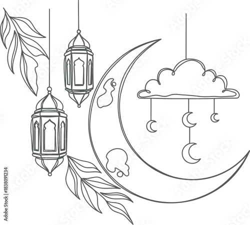 Ornate crescent moon with hanging lanterns and celestial decorations