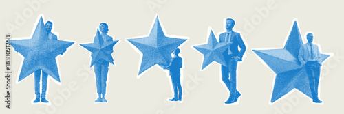 Halftone graphic collage of business person with large star representing quality service and customer review
