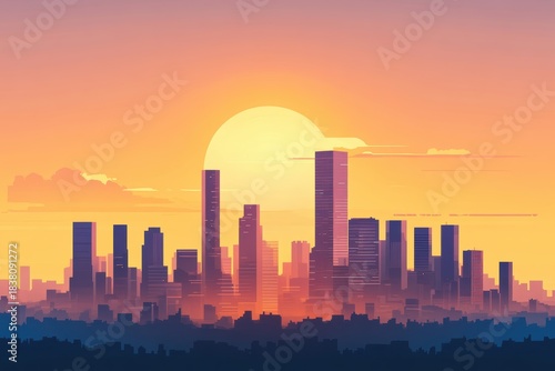 Modern city skyline silhouette during sunset with bright colors and clean lines in minimal style