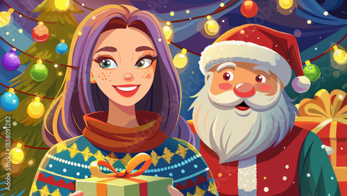 Very beautiful close-up portrait of a smiling woman in a colorful winter sweater as Santa Claus stands beside her, gently handing her a wrapped Christmas gift under soft festive lights.
