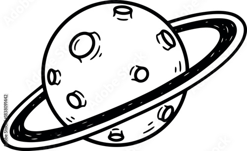 Hand drawn sketch of a ringed planet with craters