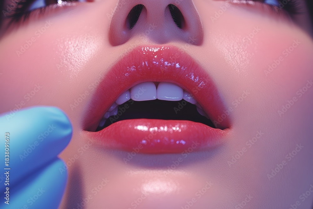 Obraz premium Dentist examines woman's mouth in a minimalistic setting with 8K resolution detail