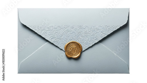 Isolated light blue envelope with a golden seal for a special occasion or event invitation