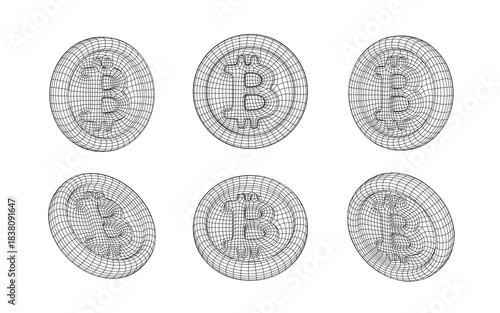 Wireframe Bitcoin Coins Collection. Isolated 3d Btc Coin Set. Crypto currency icons set. Vector illustration