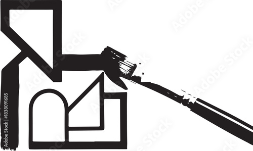 Abstract black ink brush strokes forming geometric shapes