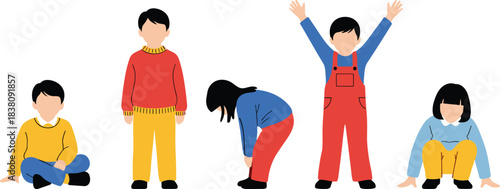 Diverse Group of Young Children in Various Poses Vector Illustration, Kids Playing and Standing in Bright Primary Colored Clothes, Isolated on White.