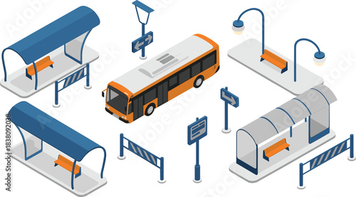 isometric bus station, public transport scene, city bus stop, urban transportation illustration, bus shelter design, modern transit infrastructure