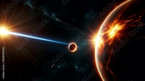 
a large planet is seen that appears to be undergoing destruction or a massive eruption, illuminated by the rising sun or a very bright light source, creating a fiery silhouette