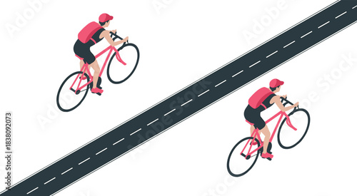 Isometric cyclists on road, bike rider illustration, delivery cyclist graphic, cycling activity concept, modern flat isometric design