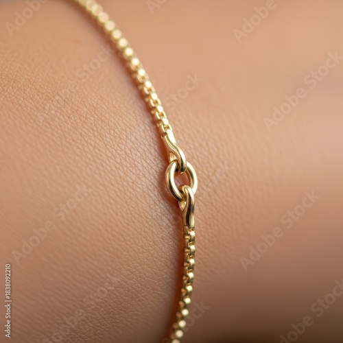 Macro detail of a seamless permanent gold bracelet welded onto a wrist.