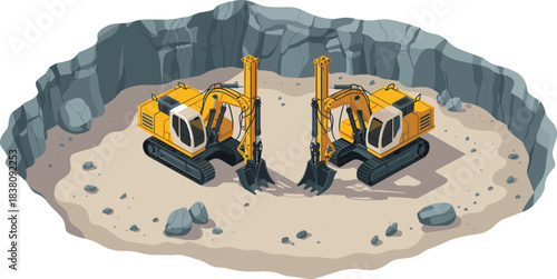 Isometric excavators, construction machinery, digging equipment, quarry scene, heavy equipment illustration, industrial excavator diggers, isometric construction site