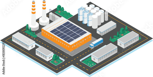 Isometric factory illustration, industrial plant with solar panels, warehouse buildings, storage tanks, power plant, logistics and manufacturing site