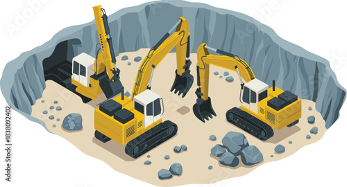Isometric excavators, construction machinery, digging equipment, quarry scene, heavy equipment illustration, industrial excavator diggers, isometric construction site