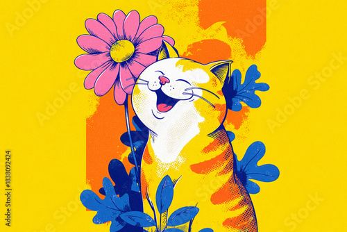 Happy cat with pink flower over yellow background, Pop art style, Illustration animal poster