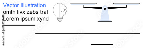 Creativity, problem-solving, decision-making, balance, innovation, conceptual thinking. Light bulb and scale with lines. Creativity and problem-solving through visual concepts