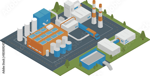 Isometric factory illustration, industrial plant with solar panels, warehouse buildings, storage tanks, power plant, logistics and manufacturing site