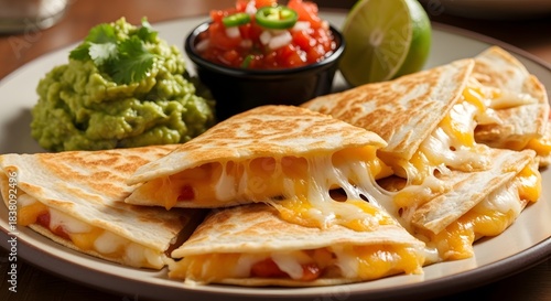 Delicious cheese quesadillas with guacamole and salsa, isolated on white background