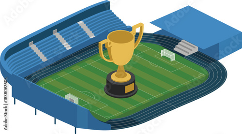 Isometric football stadium with trophy, soccer arena illustration, 3D sports field, championship cup, athletic venue design, vector stadium