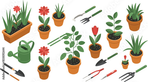 Isometric gardening tools and potted plants illustration, garden equipment, flower pots, watering can, gardening set, home garden decor