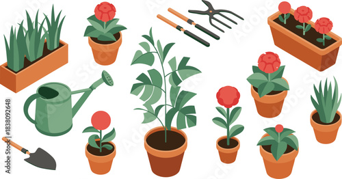 Isometric gardening tools and potted plants illustration, garden equipment, flower pots, watering can, gardening set, home garden decor