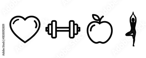 Healthy lifestyle vector outline icons set heart dumbbell apple yoga pose white