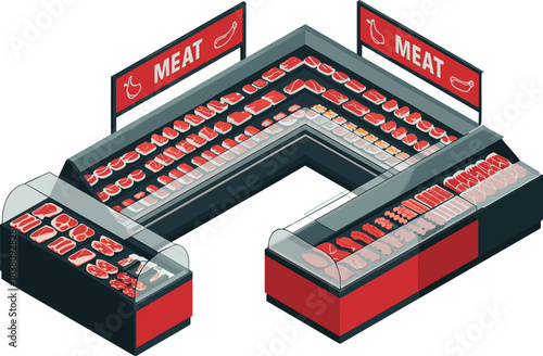Isometric meat market display, butcher counter illustration, supermarket meat section, retail food showcase, beef and pork products, grocery store