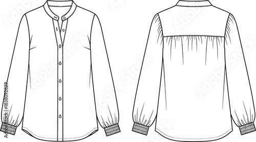 Fashion Technical Flat Vector Illustration of Mandarin Collar Blouse, Long Bishop Sleeve Shirt CAD Drawing for Apparel Design and Garment Production.