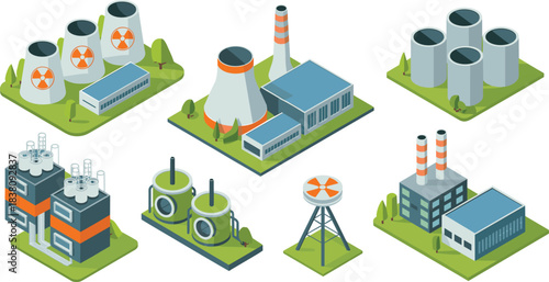 Isometric nuclear power plants, atomic energy stations, cooling towers, industrial facility set, nuclear reactor buildings, isometric energy illustration