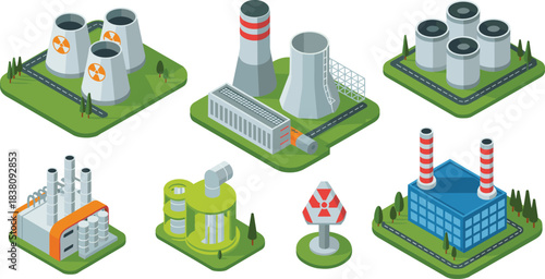 Isometric nuclear power plants, atomic energy stations, cooling towers, industrial facility set, nuclear reactor buildings, isometric energy illustration