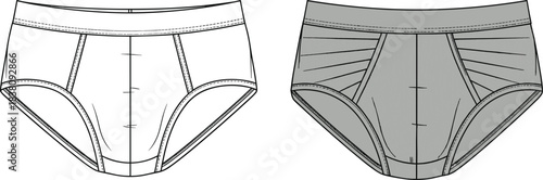 Fashion Technical Flat Vector Illustration of Men's Classic Briefs Underwear, Front and Back CAD Drawing for Apparel Design and Garment Production.