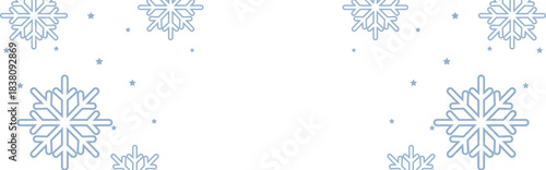 Frosty winter border with pale blue geometric snowflakes and scattered stars framing wide white copy space, perfect for Christmas greetings, seasonal invitations, web banners, and festive holiday prom