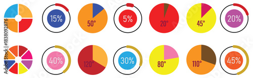 Pie chart infographic set. Circle diagram collection with sections or parts. Segmented circle icons for infographic, data analysis, web design, ui or presentation. Vector