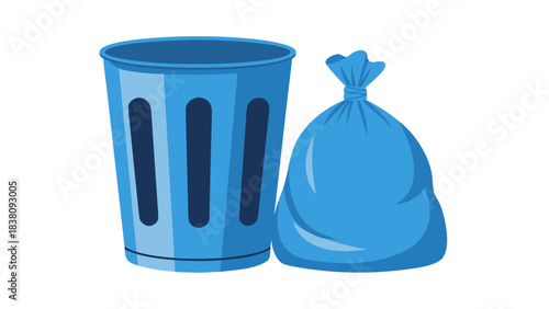 Blue Trash Can Next To A Blue Trash Bag With A Black Background In A Pixel Art Style