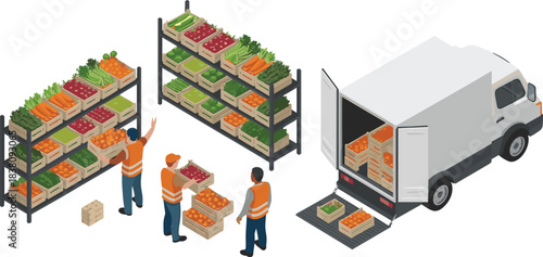 isometric produce warehouse, vegetable delivery, food distribution, workers loading truck, logistics illustration, fresh produce storage, supply chain concept