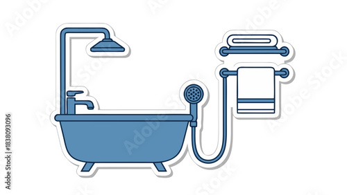 Blue Clawfoot Bathtub with Shower Head and Handheld Sprayer Attached to Towel Rack with White Towel on Black Background