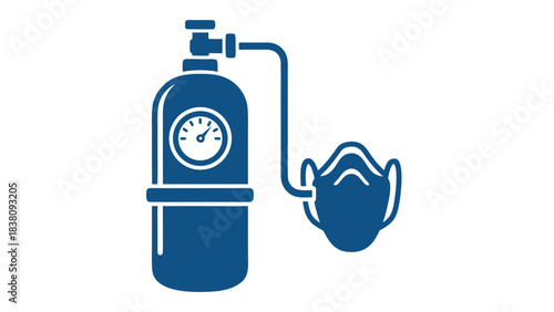 Blue Graphic Illustration of Oxygen Tank and Medical Mask Connected by Tube on Black Background