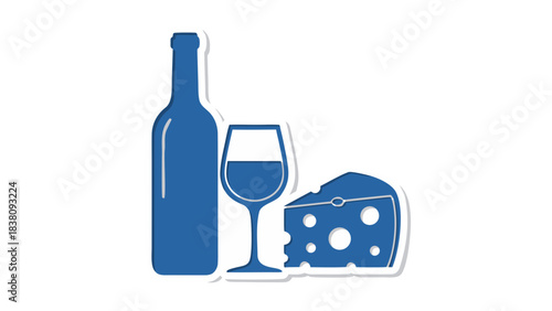Blue Icon Representation Of Wine Bottle Filled Wine Glass And Cheese With Holes On Black Background Simple Flat Design