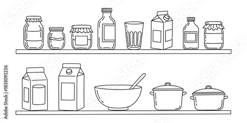Groceries on shelves vector outline illustration kitchen food storage