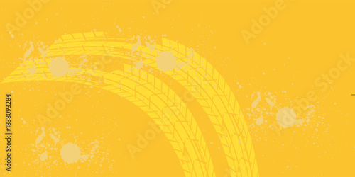Grunge car tire marks on yellow background with splashes, template for business card with copy space. Vector illustration.
