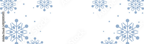 Frosty winter border with pale blue geometric snowflakes and scattered stars framing wide white copy space, perfect for Christmas greetings, seasonal invitations, web banners, and festive holiday prom