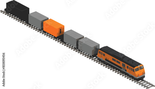 isometric train, freight locomotive, cargo wagons, rail transport, railroad illustration, industrial logistics, transportation system, cargo train, railway vehicle