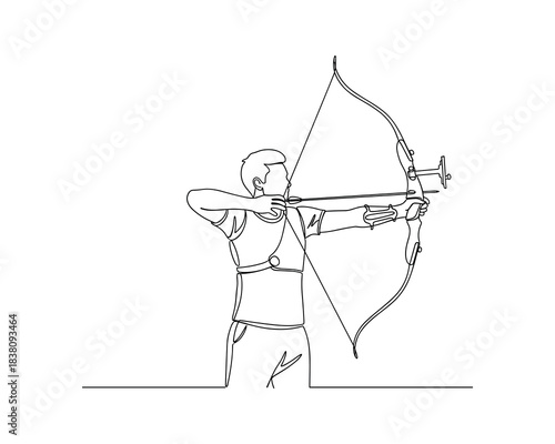 Continuous line drawing of archer aiming with bow and arrow vector art