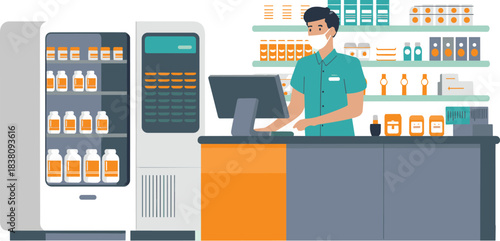 Modern pharmacy counter illustration, pharmacist at work, drugstore interior, medication shelves, pharmacy staff, healthcare retail, flat vector design