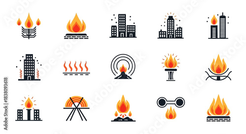Vector Icon Set Featuring Fire Flames and City Buildings.