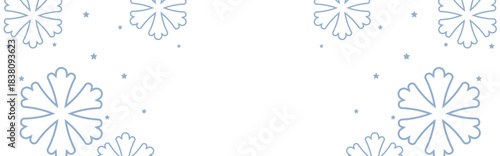 Frosty winter border with pale blue geometric snowflakes and scattered stars framing wide white copy space, perfect for Christmas greetings, seasonal invitations, web banners, and festive holiday prom