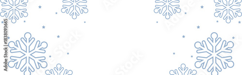 Frosty winter border with pale blue geometric snowflakes and scattered stars framing wide white copy space, perfect for Christmas greetings, seasonal invitations, web banners, and festive holiday prom