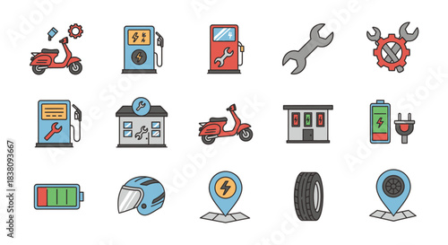 Electric Vehicle and Scooter Icons - Charging, Repair, and Location.