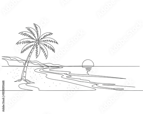 Continuous line drawing of tropical beach with palm tree and sunset vector