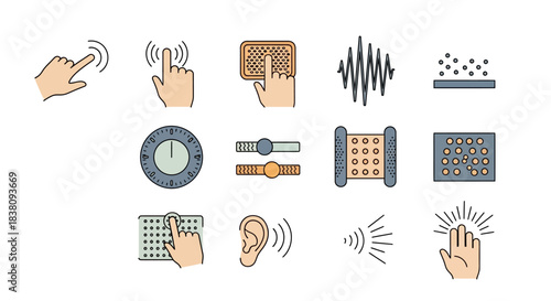 Diverse icons representing touch, sound, and control elements for technology.